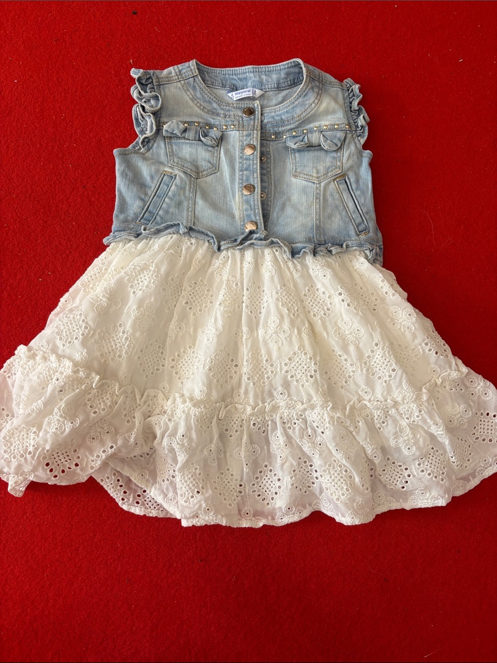 Denim & Eyelet White Dress for Kids - Sleeveless Jean Bodice